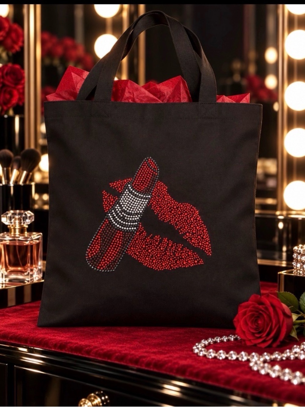 Black Tote with Red Lipstick & Lipprint Accent